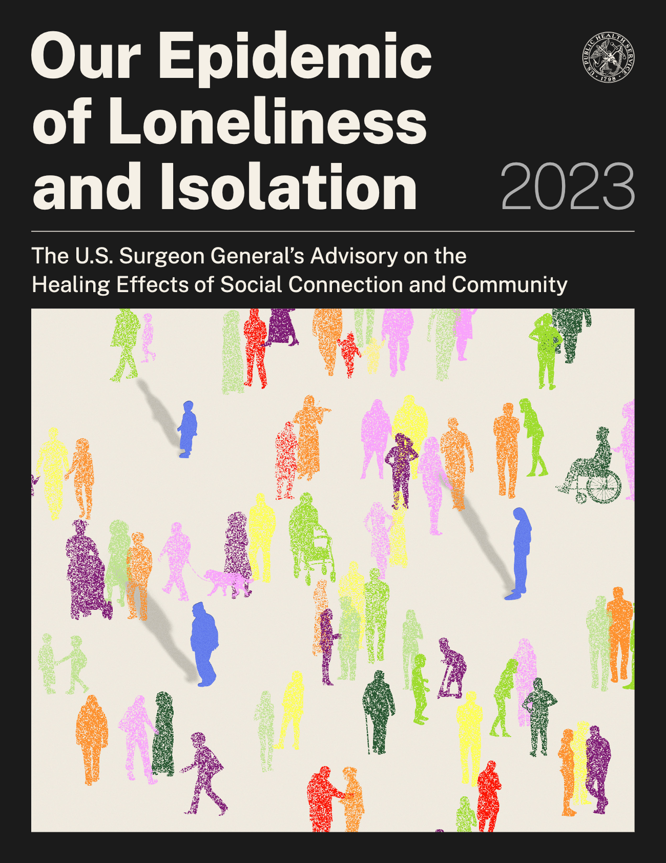 The cover of the Surgeon General's Advisory on the Healing Effects of Social Connection and Community, featuring a stylized design of human silhouettes in speckled colors.